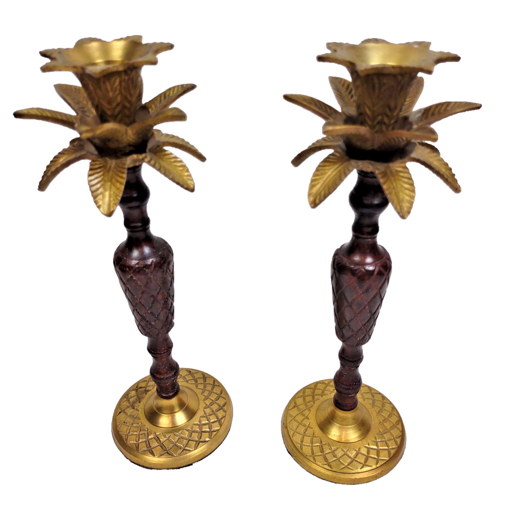 Vintage Pair Brass Carved Wood Palm Tree Candle Holders Tropical Decor INDIA 9"